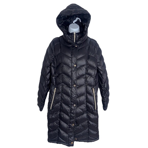 Calvin Klein Black Packable Premium Down Puffer Parka Long Coat Hood Women Large - Picture 1 of 13